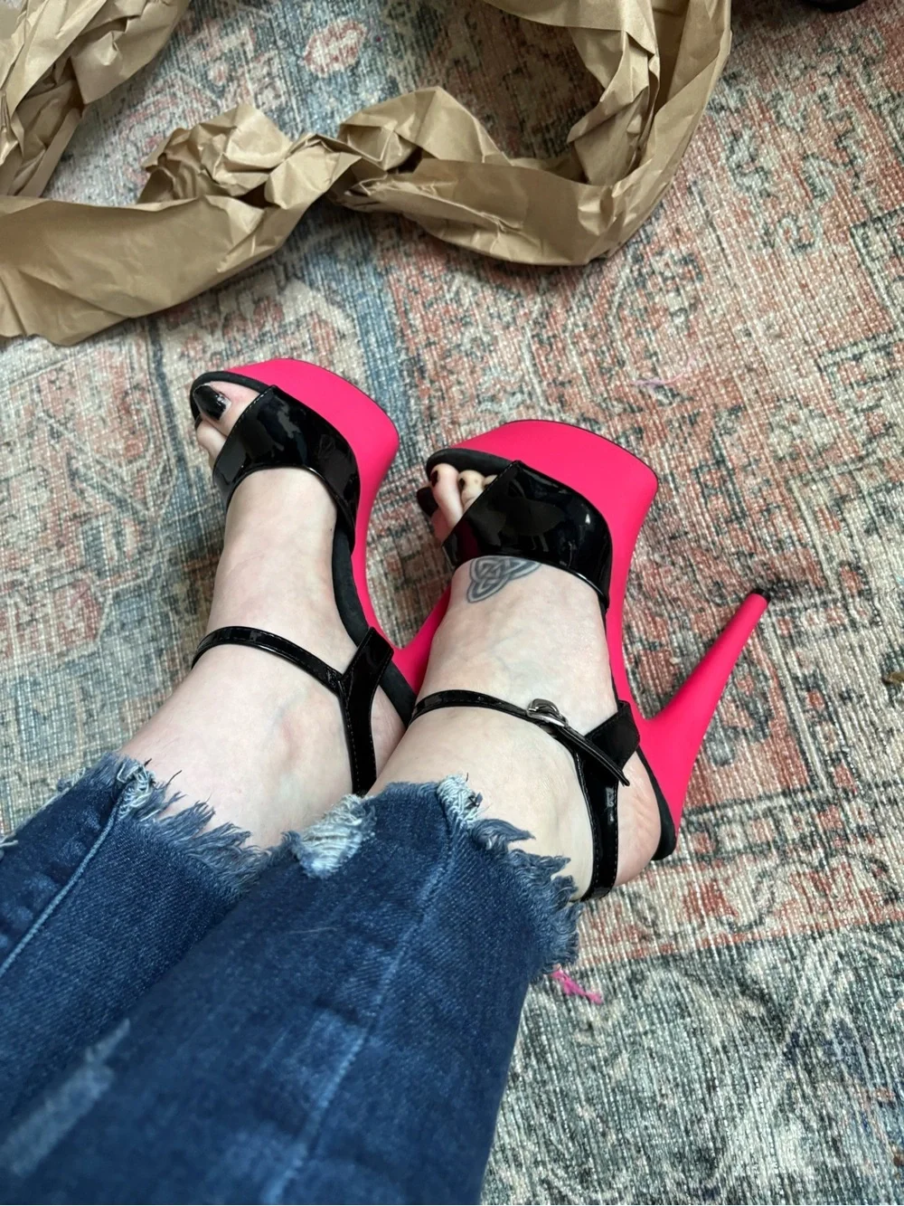 Black Patent & Hot Pink Platform Sandals with Ankle Strap
